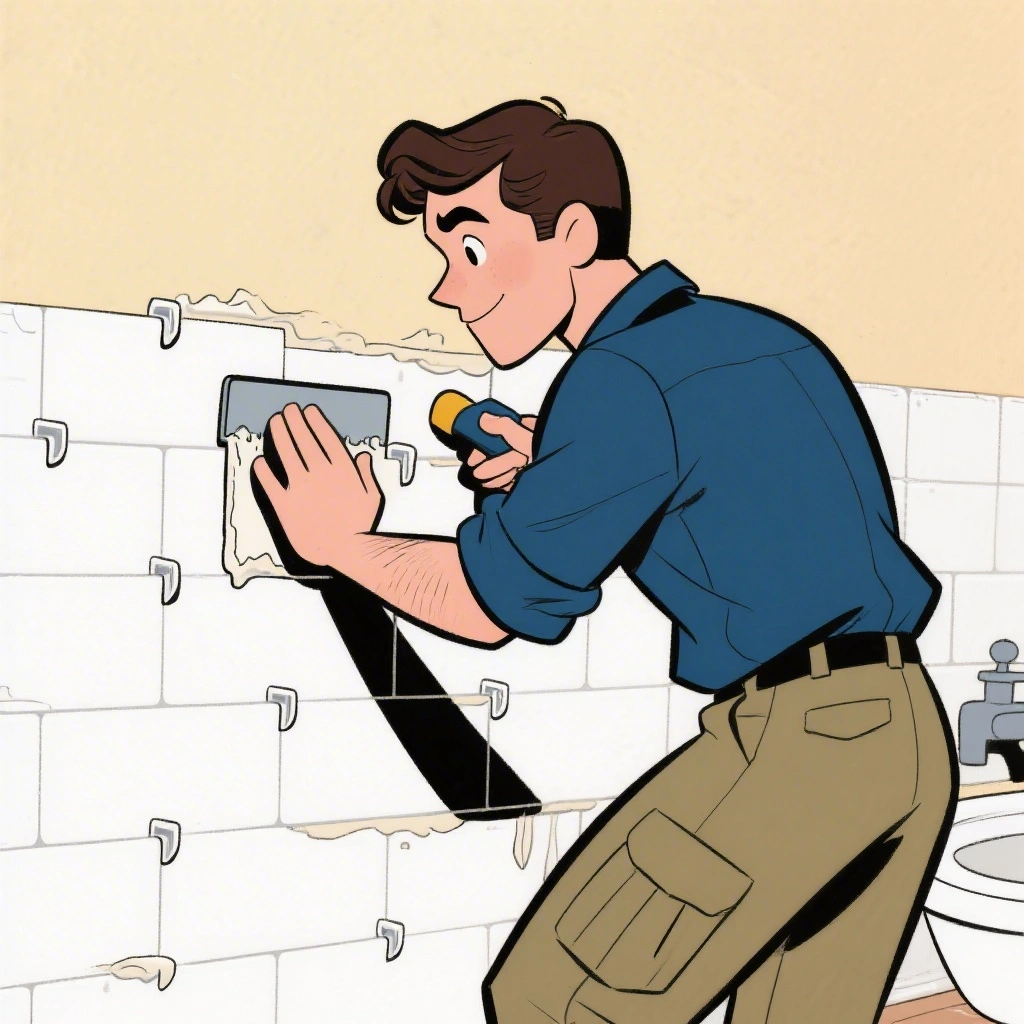 Fix-it Frankie tiling a bathroom wall