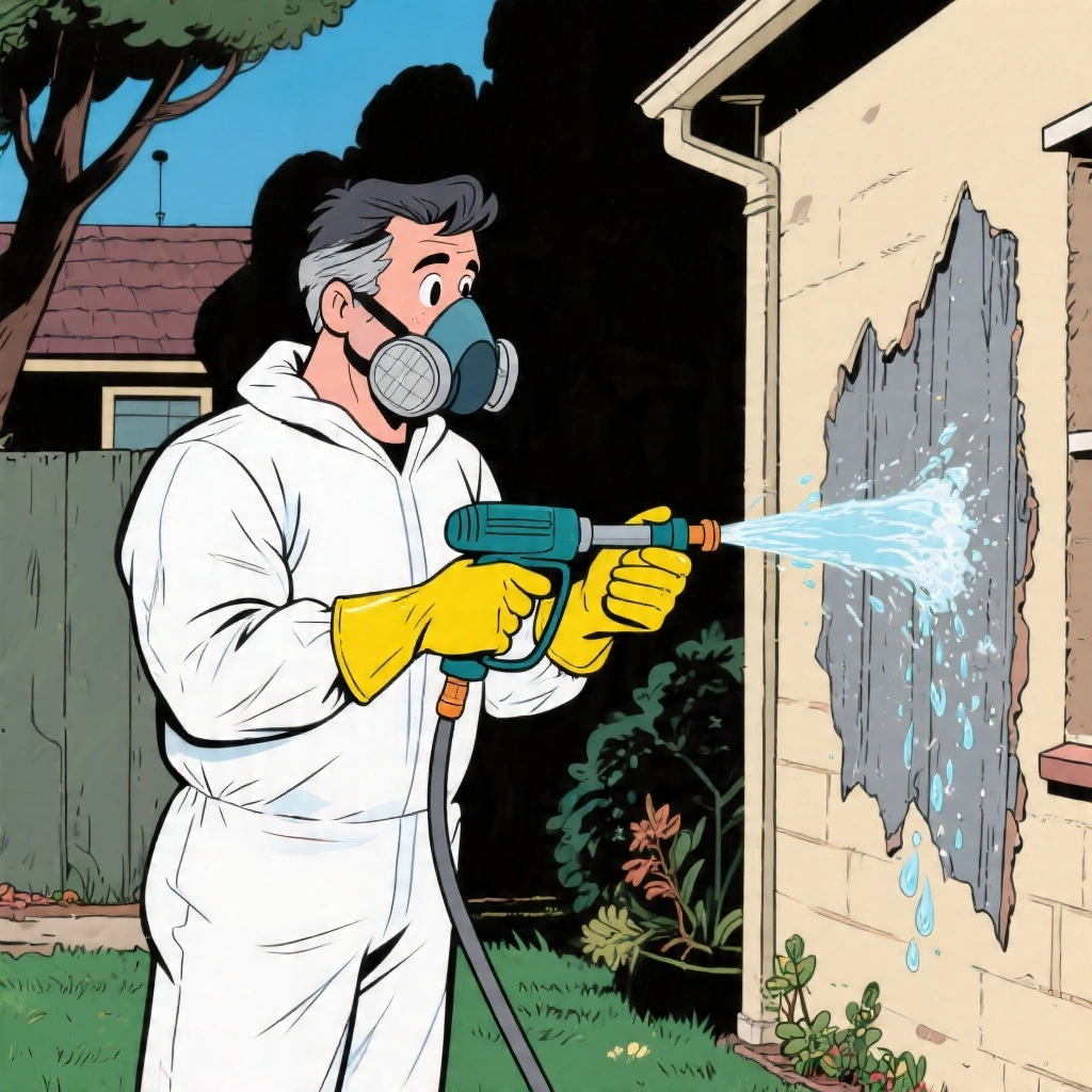 A renovation specialist in protective safety gear using a moisture sprayer on fibro sheeting before removal to suppress asbestos fibres during the process