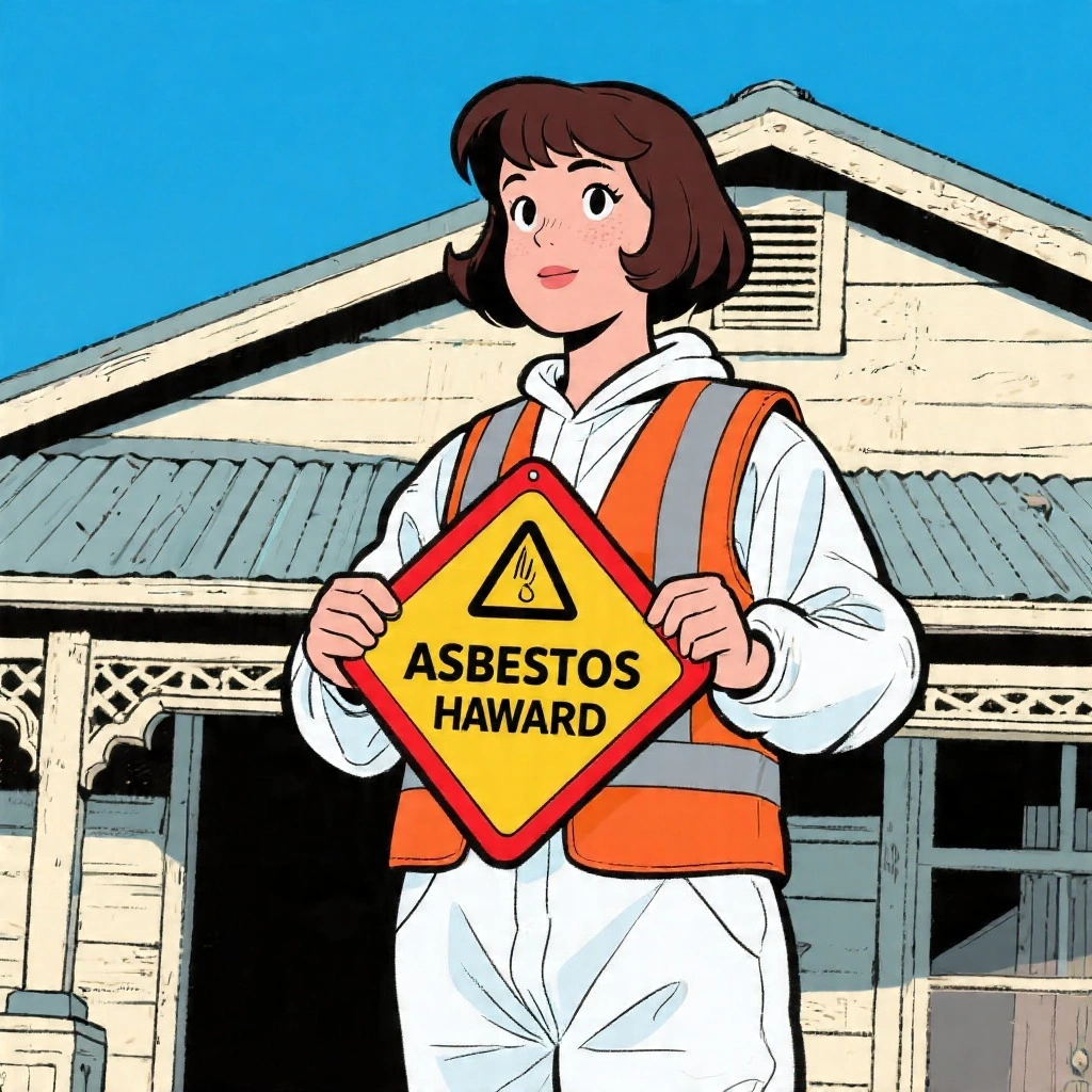 A safety expert in hi-vis orange vest and hard hat holding an asbestos warning sign outside a house undergoing asbestos removal work
