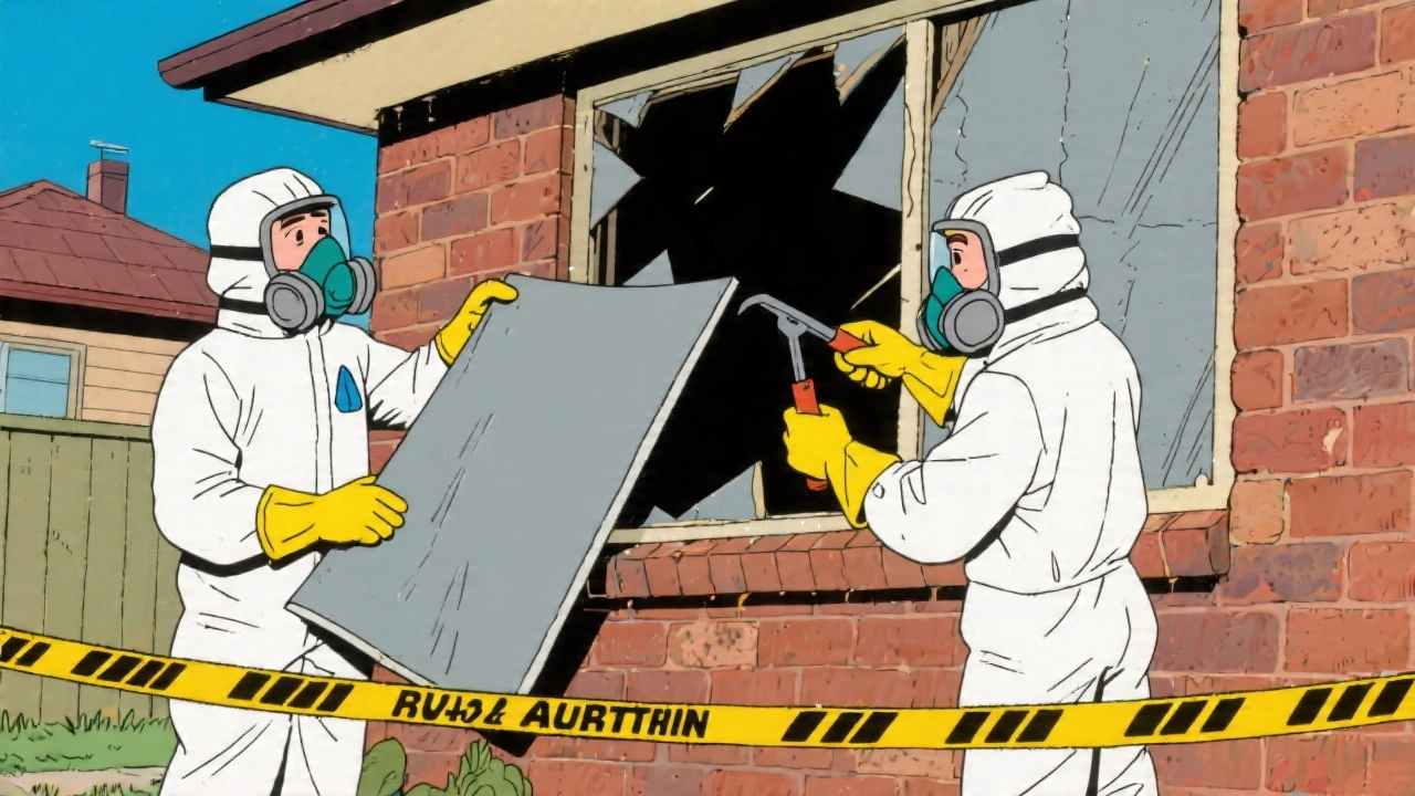 Licensed asbestos removalists in full protective suits and respirators removing fibro sheeting from a Melbourne home exterior