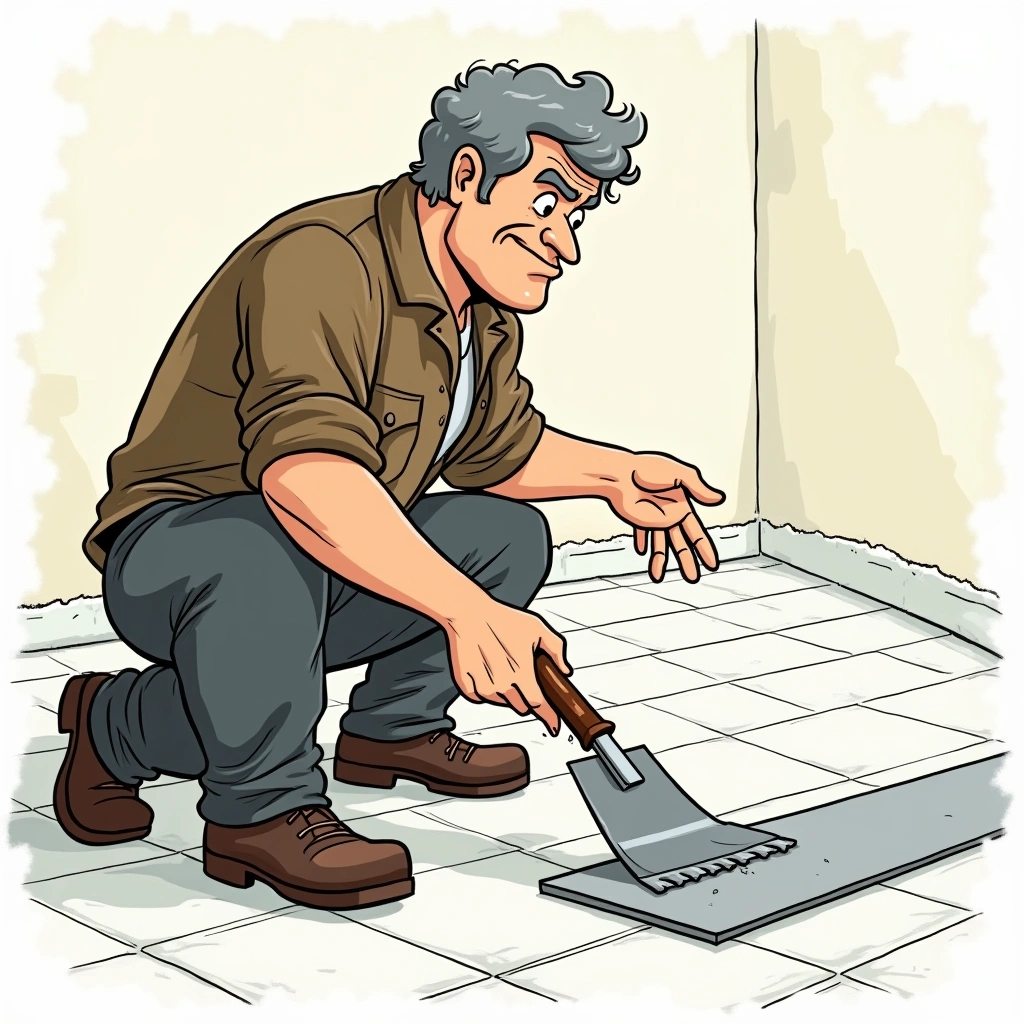 Tiler laying large-format porcelain tiles on a bathroom floor in a Melbourne home, using a notched trowel to spread adhesive evenly