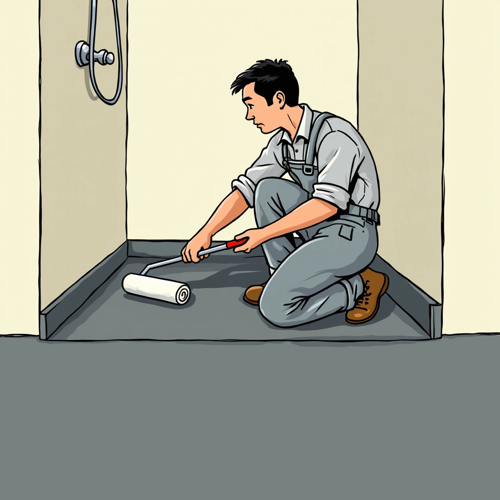 Waterproofing membrane being applied to a shower recess floor and walls before tiling, showing the grey coating on the floor and up the lower walls