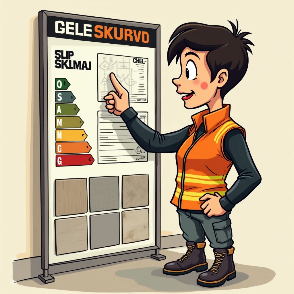 Safety expert in orange hi-vis vest pointing to slip rating label on a floor tile sample board in a tile showroom