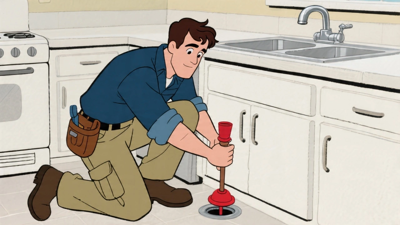 A plumber using a plunger to clear a blocked kitchen sink drain in an Australian home