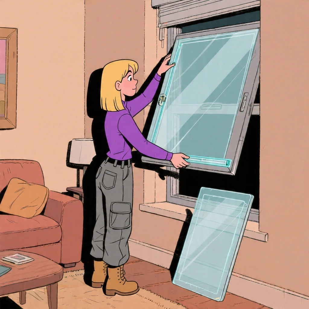 An insulation specialist fitting a DIY magnetic secondary glazing panel inside a Melbourne lounge room