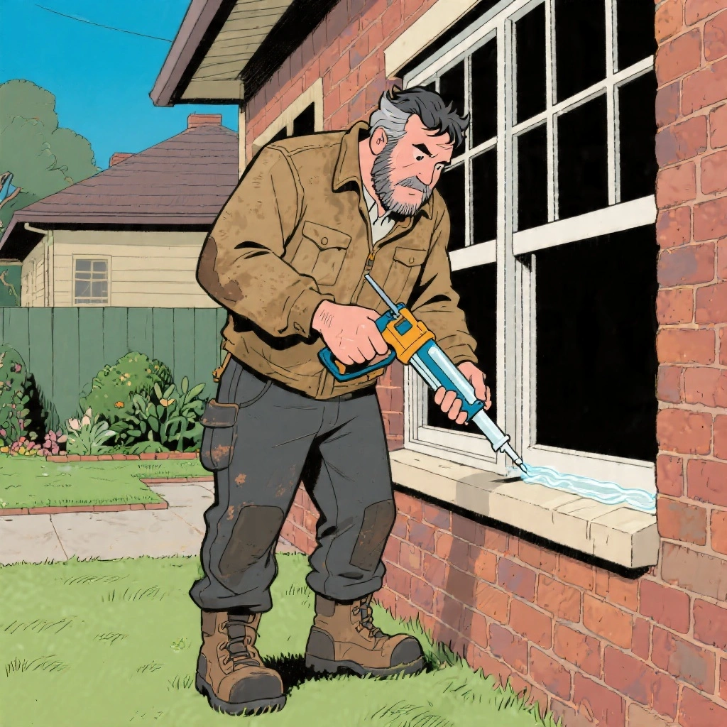 A renovation specialist sealing a uPVC window frame with silicone caulk