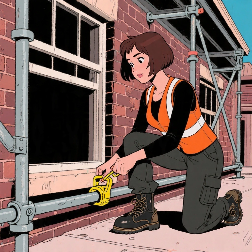 A safety expert demonstrating fall protection on scaffolding during upper-storey window replacement