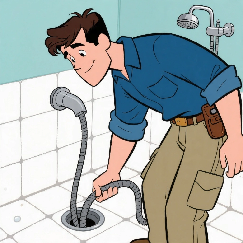 A plumber feeding a flexible drain snake cable into a blocked shower drain, rotating the handle to work it through the blockage