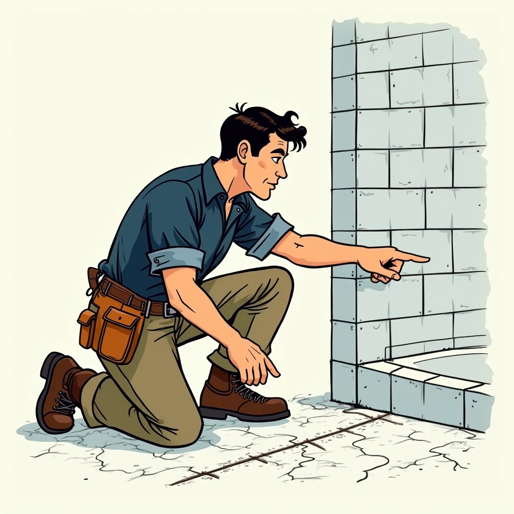 Tiler inspecting cracked grout lines in a shower recess corner showing water damage and dark staining around the joint