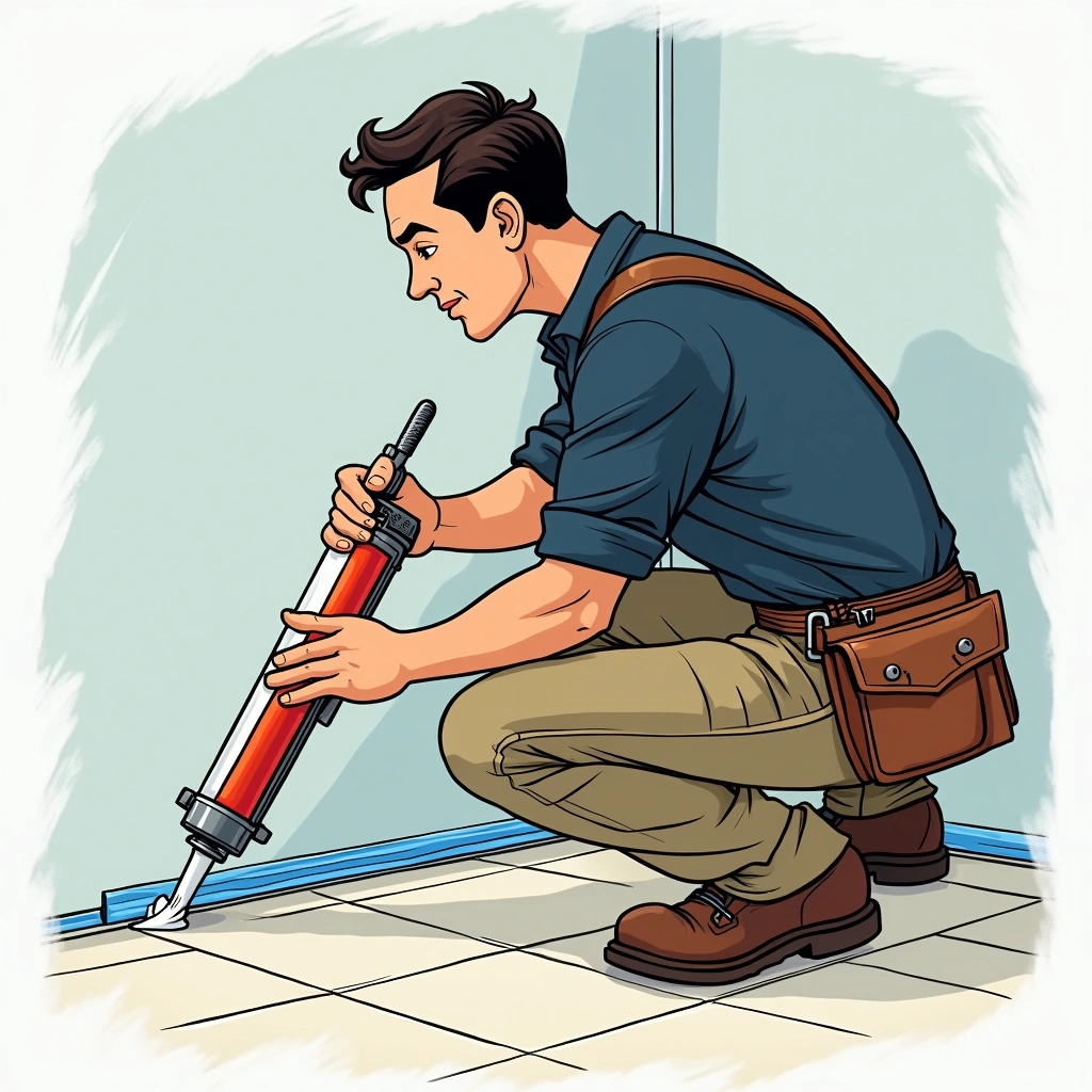 Plumber applying white silicone sealant bead to floor-to-wall corner junction in a shower recess using a caulking gun