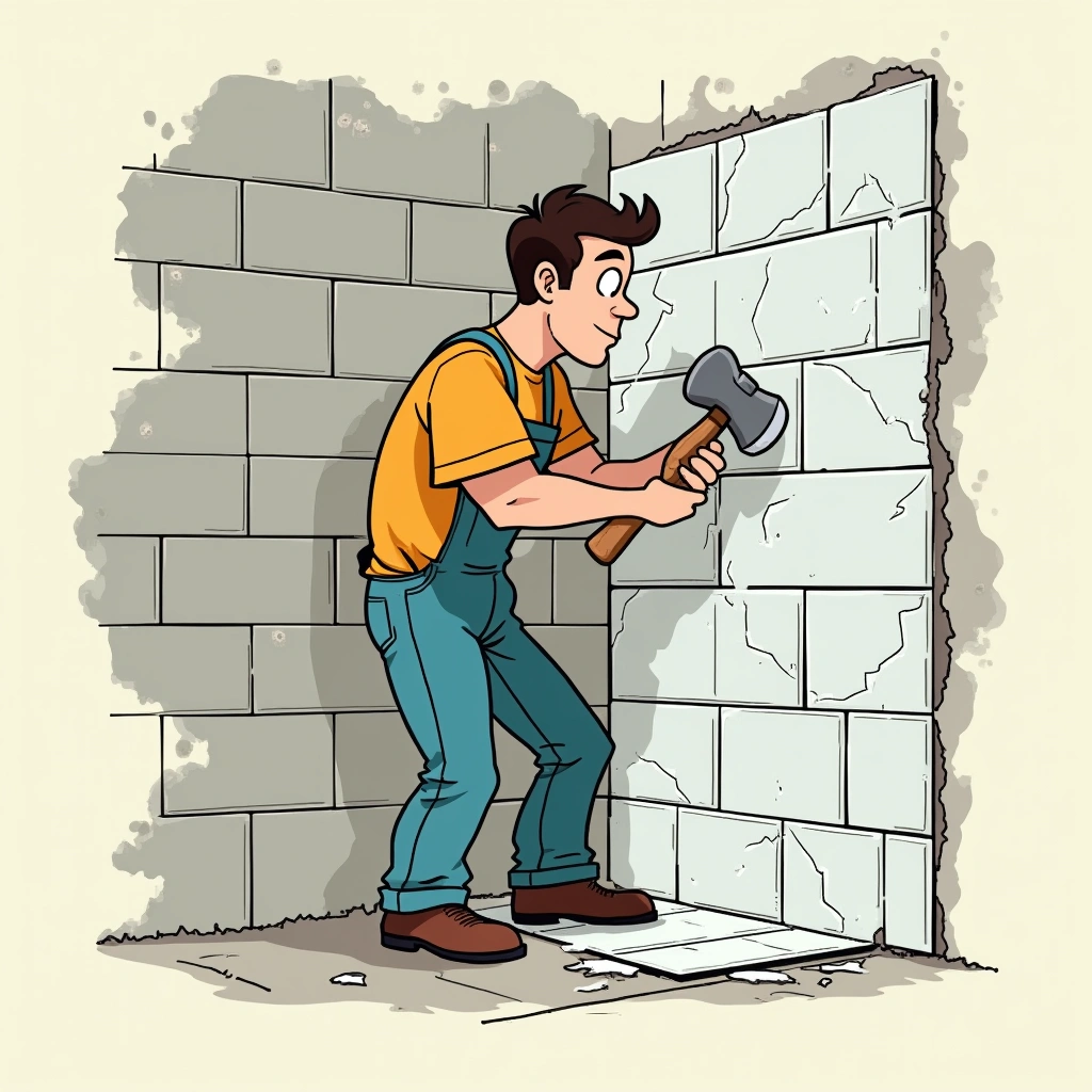 Tiler removing damaged shower tiles to expose the substrate showing water damage and failed waterproofing membrane underneath