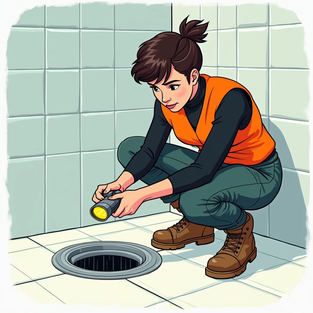 Safety expert with orange hi-vis vest checking the shower waste drain fitting with a torch looking for signs of failed rubber seal