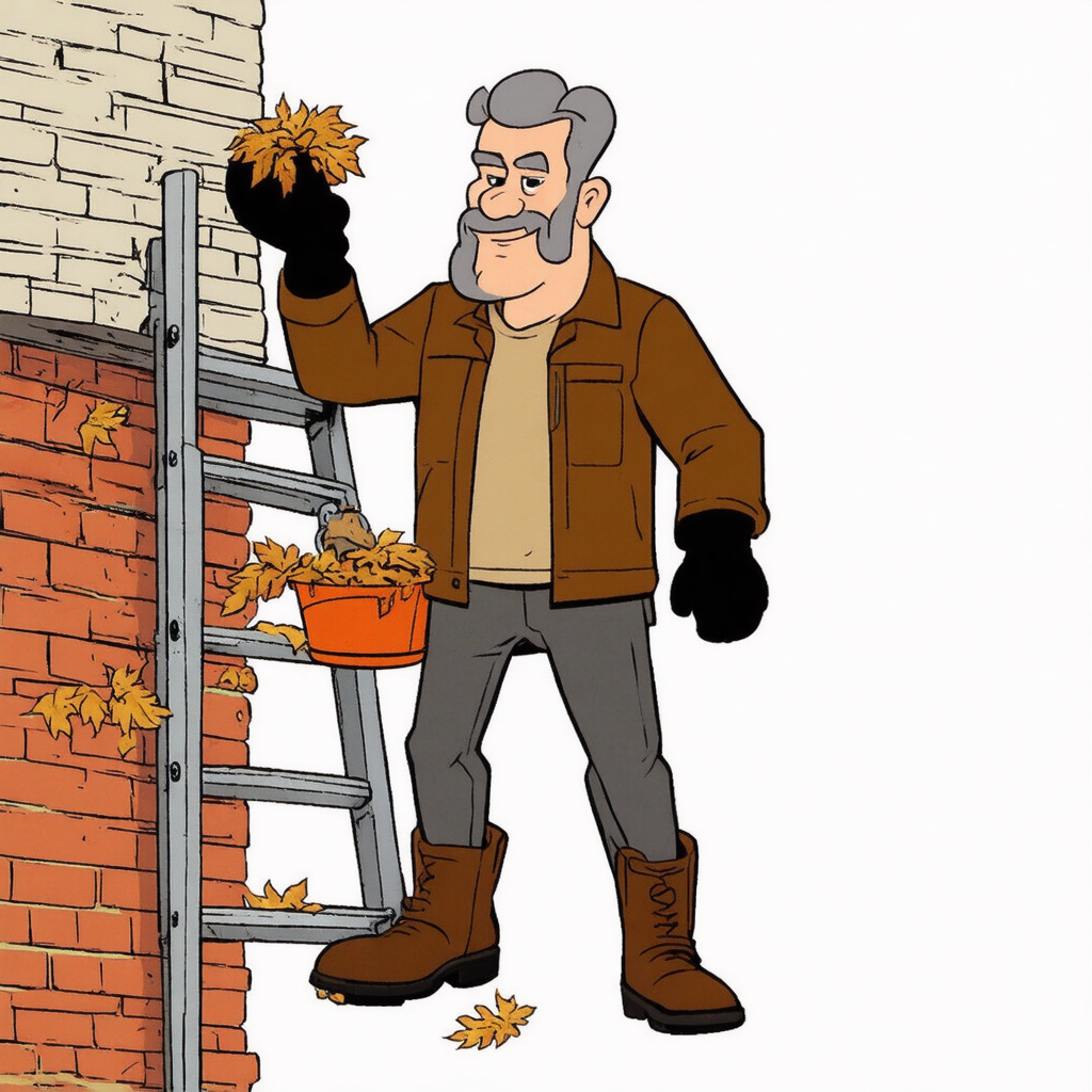 Collecting gutter debris into bucket while on ladder