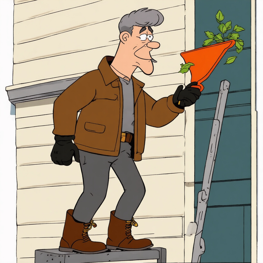 Using gutter scoop to remove leaves from Colorbond guttering on ladder