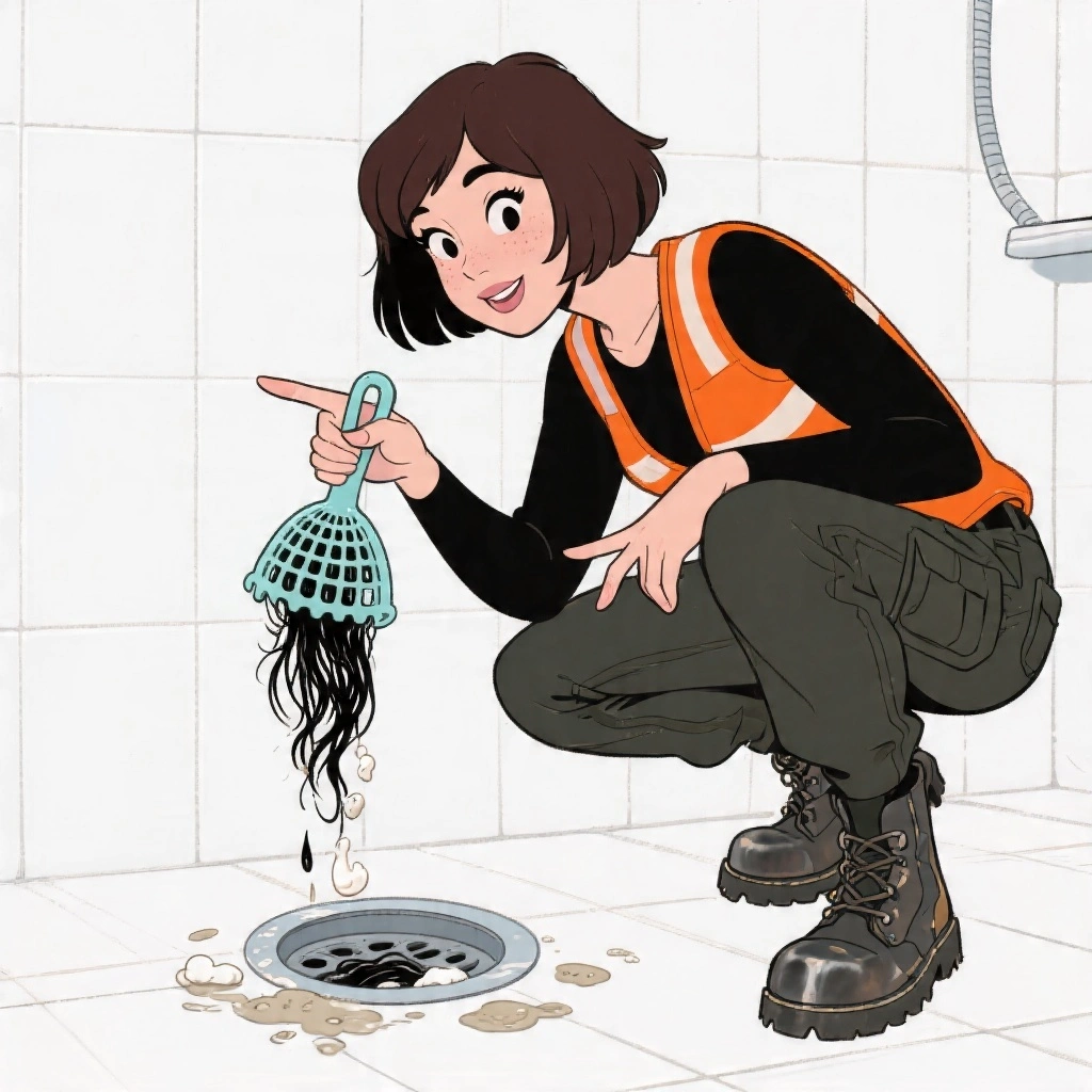 A safety expert in hi-vis orange vest pointing at a clogged shower drain covered with hair and soap scum, demonstrating what causes bathroom drain blockages