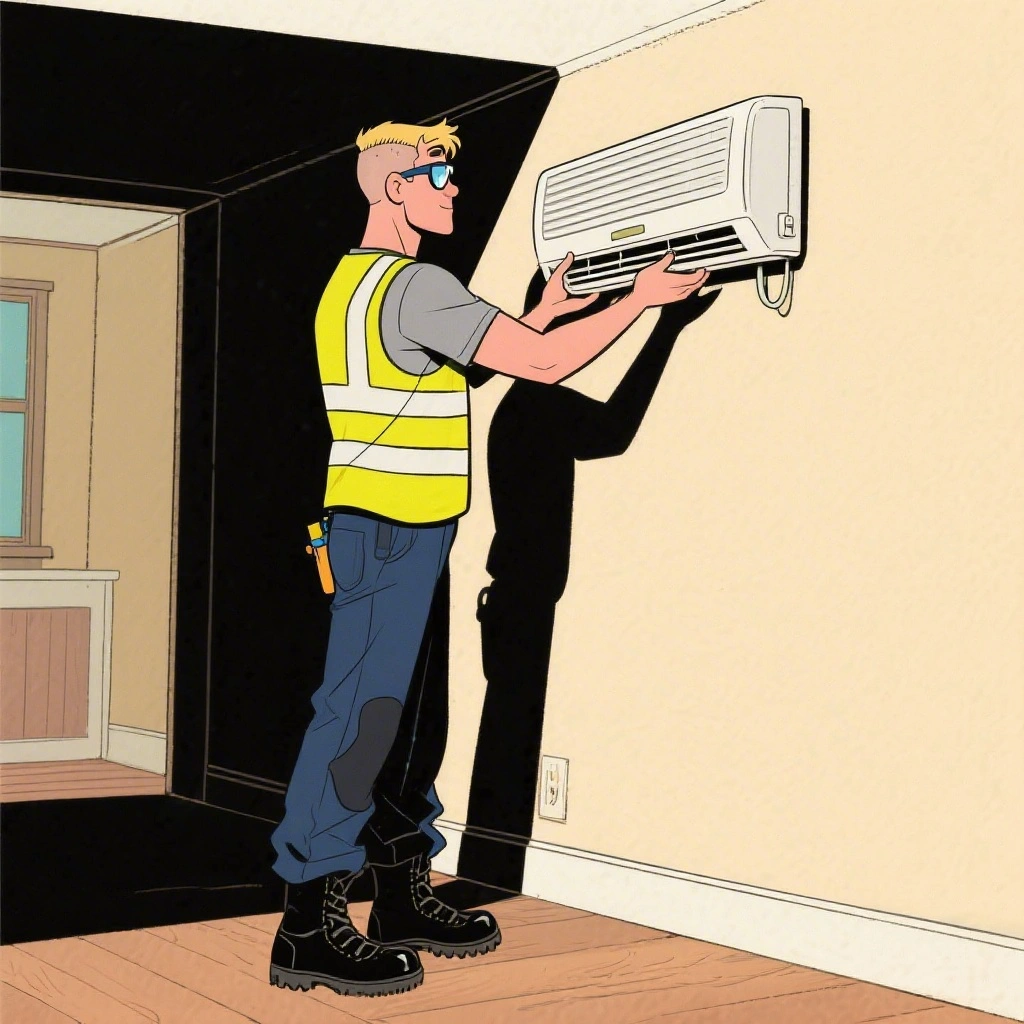 A split system air conditioning unit installed in a Melbourne living room with Sparky Sam and Safety