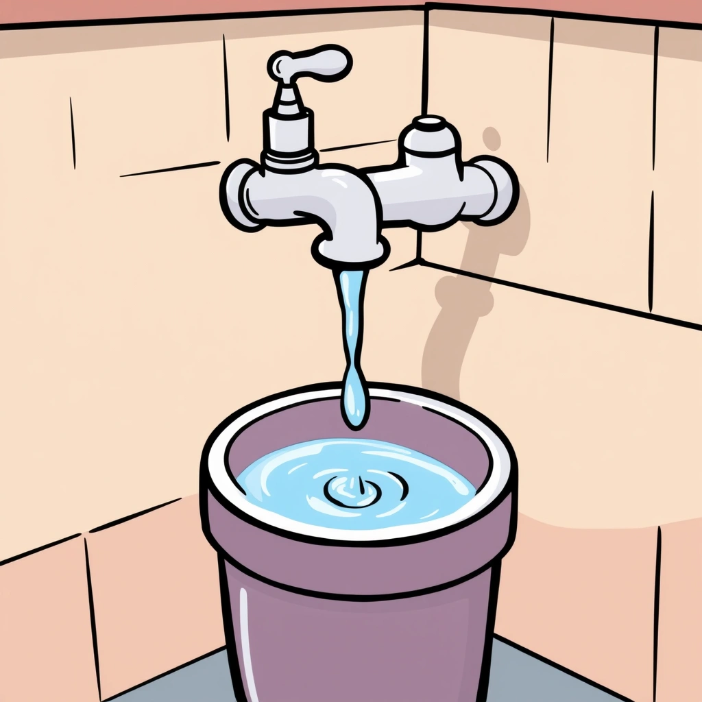 Water running from a newly repaired tap into a sink, with bucket positioned underneath to catch any 