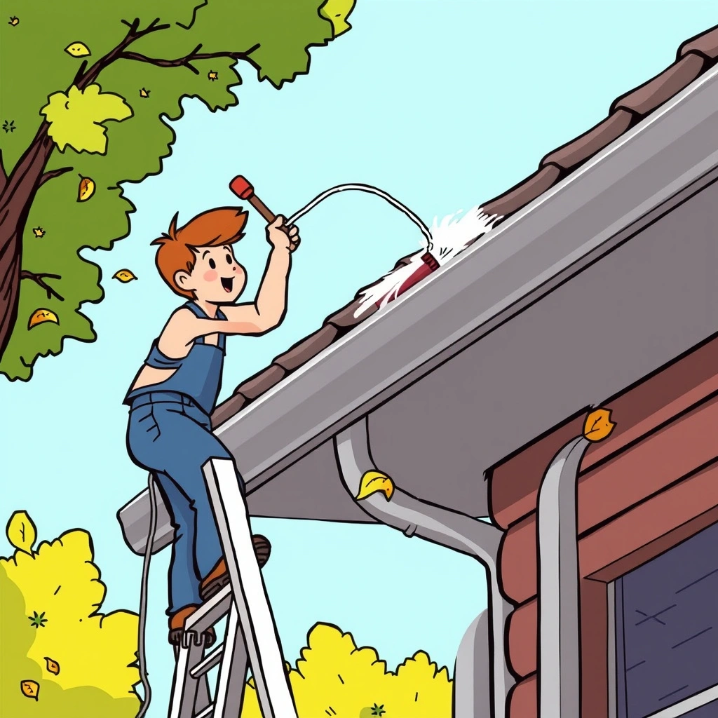 A person cleaning a gutter with a wire brush on an extension ladder, autumn leaves visible in the gu