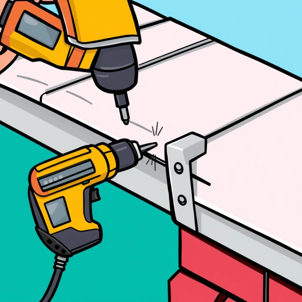 A drill/impact driver fastening a stainless steel bracket to a gutter lip with Colorbond helmet guar