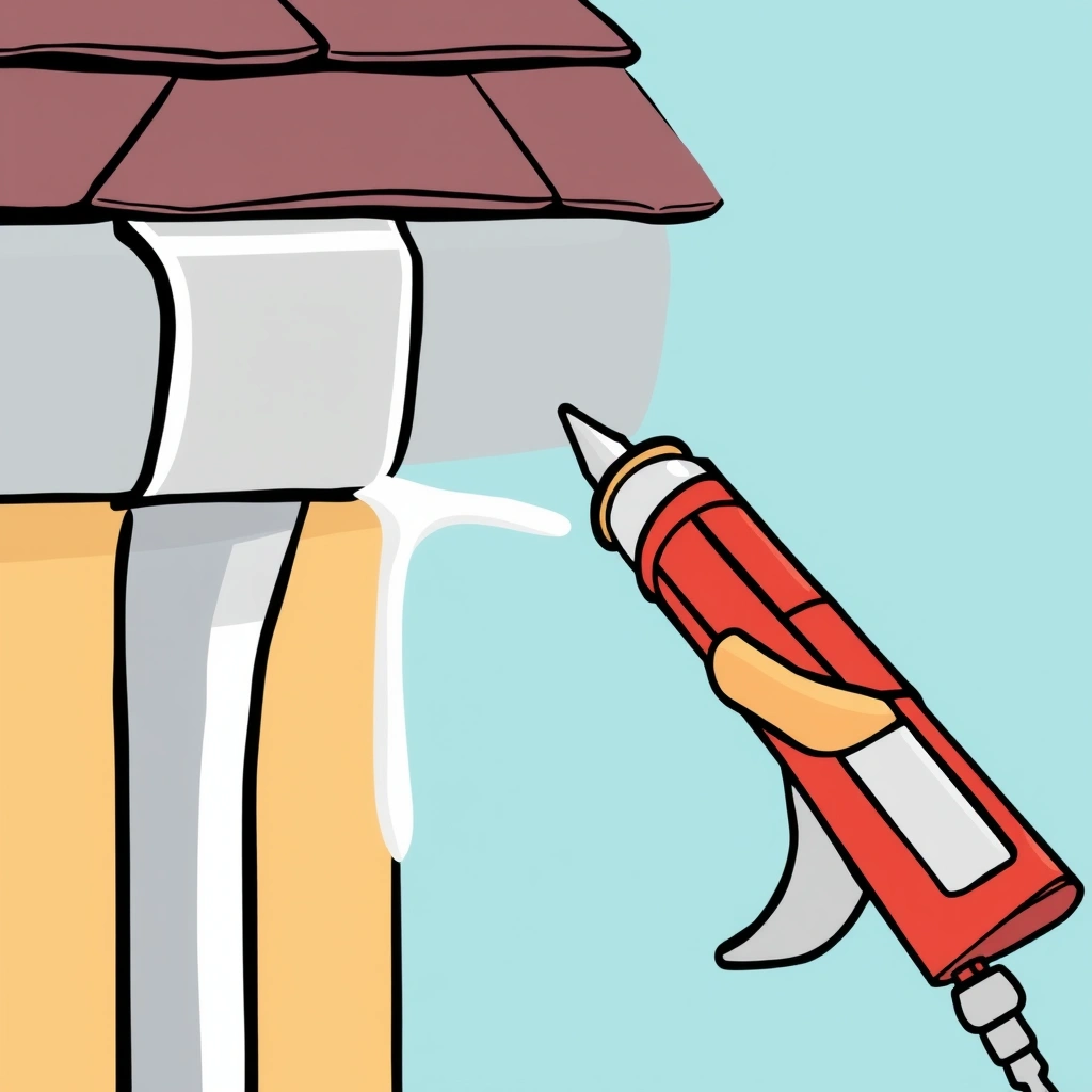 A caulking gun applying white silicone sealant along the gutter guard seam.