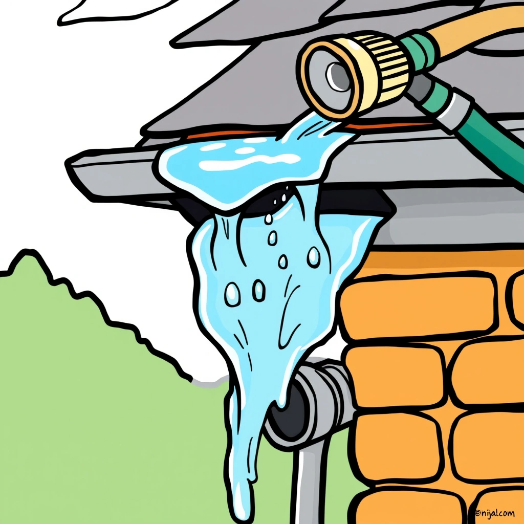 Water from a hose flowing over newly installed gutter guard, flowing underneath into the gutter and 