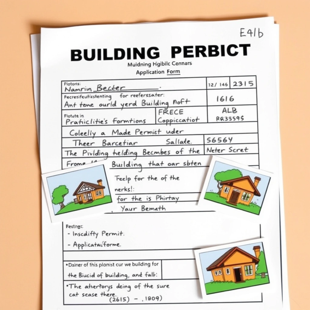 A printed building permit application form with handwritten notes and attached photos of the propert