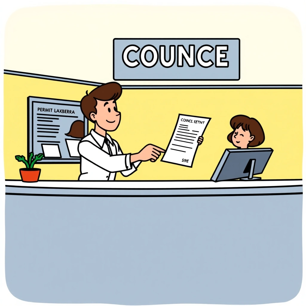 A council office counter with a staff member handing over a receipt for a submitted permit applicati