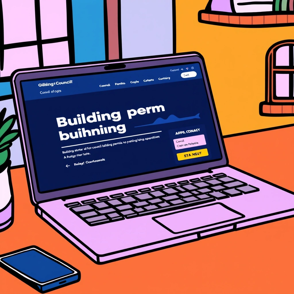 A laptop showing a council website with building permit and planning permit application forms.