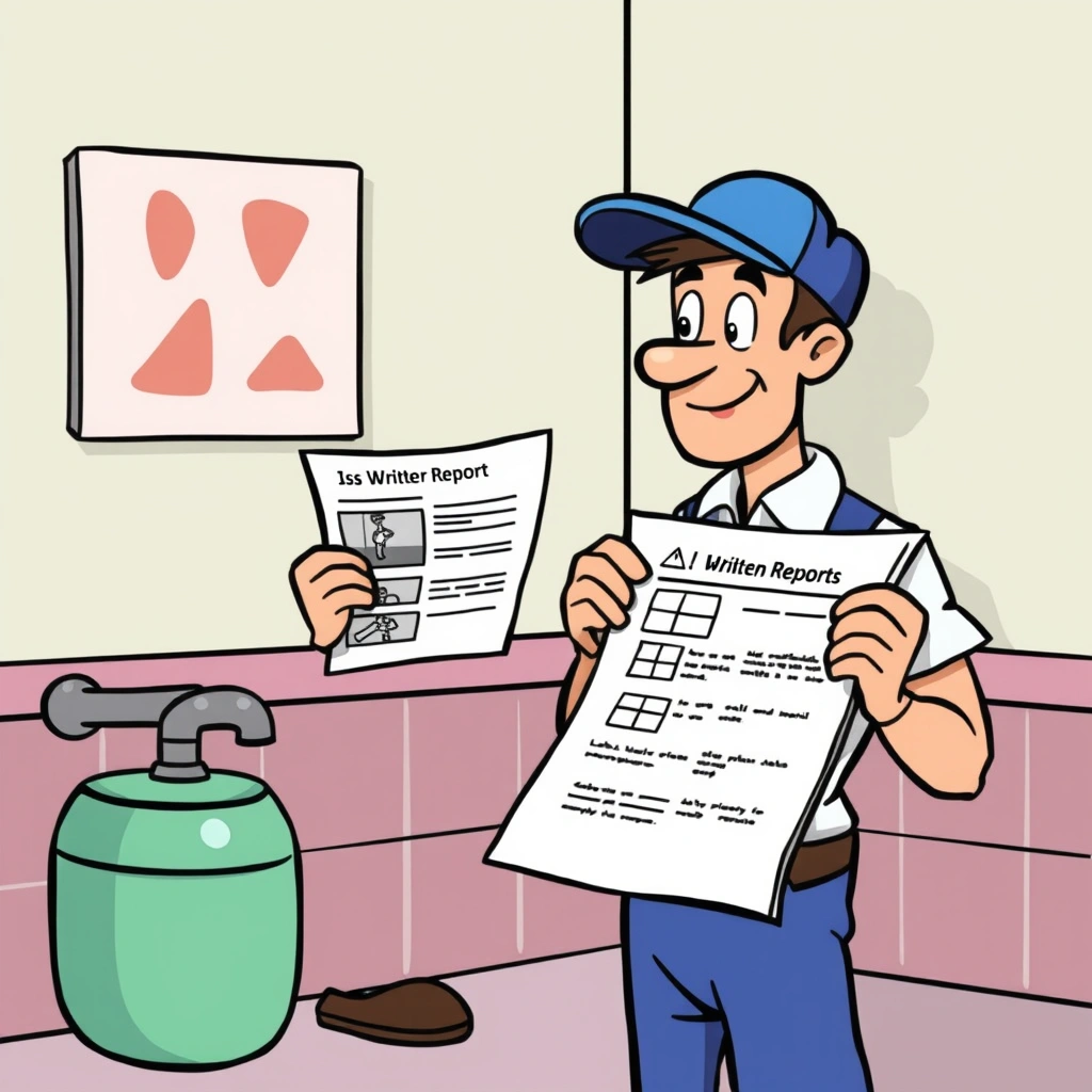 A plumber providing a written report on a blocked drain, showing photos and diagnosis.