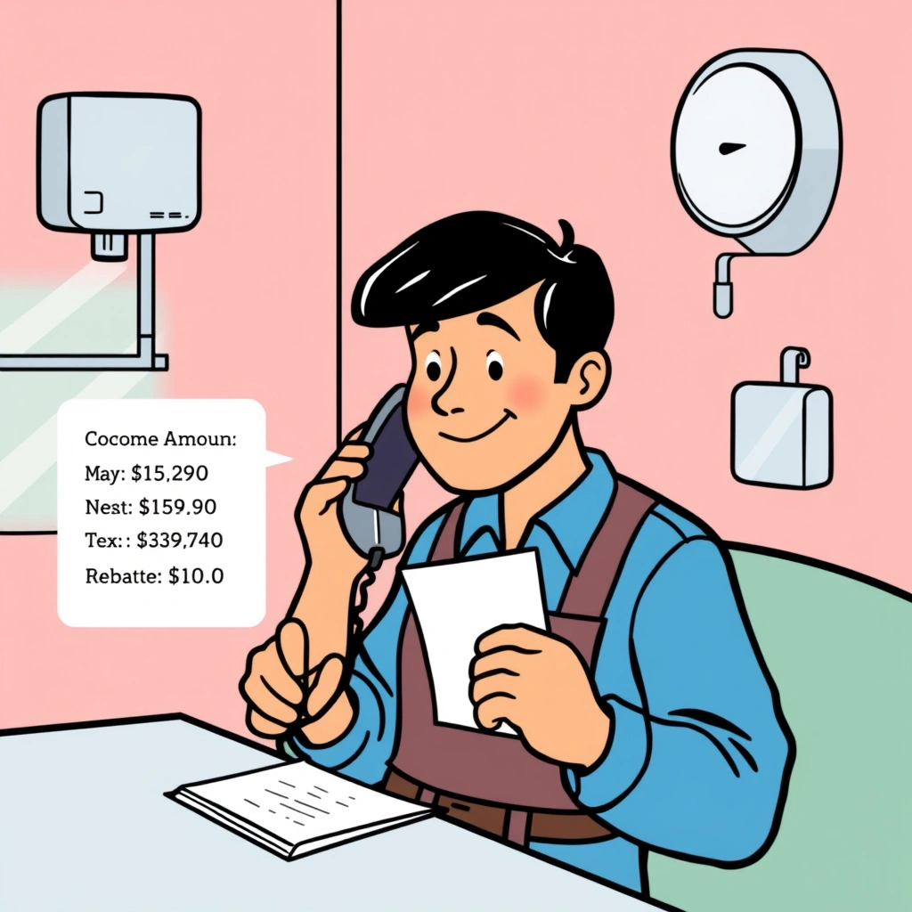 A homeowner getting a phone quote from a hot water installer, writing down the system cost and rebat