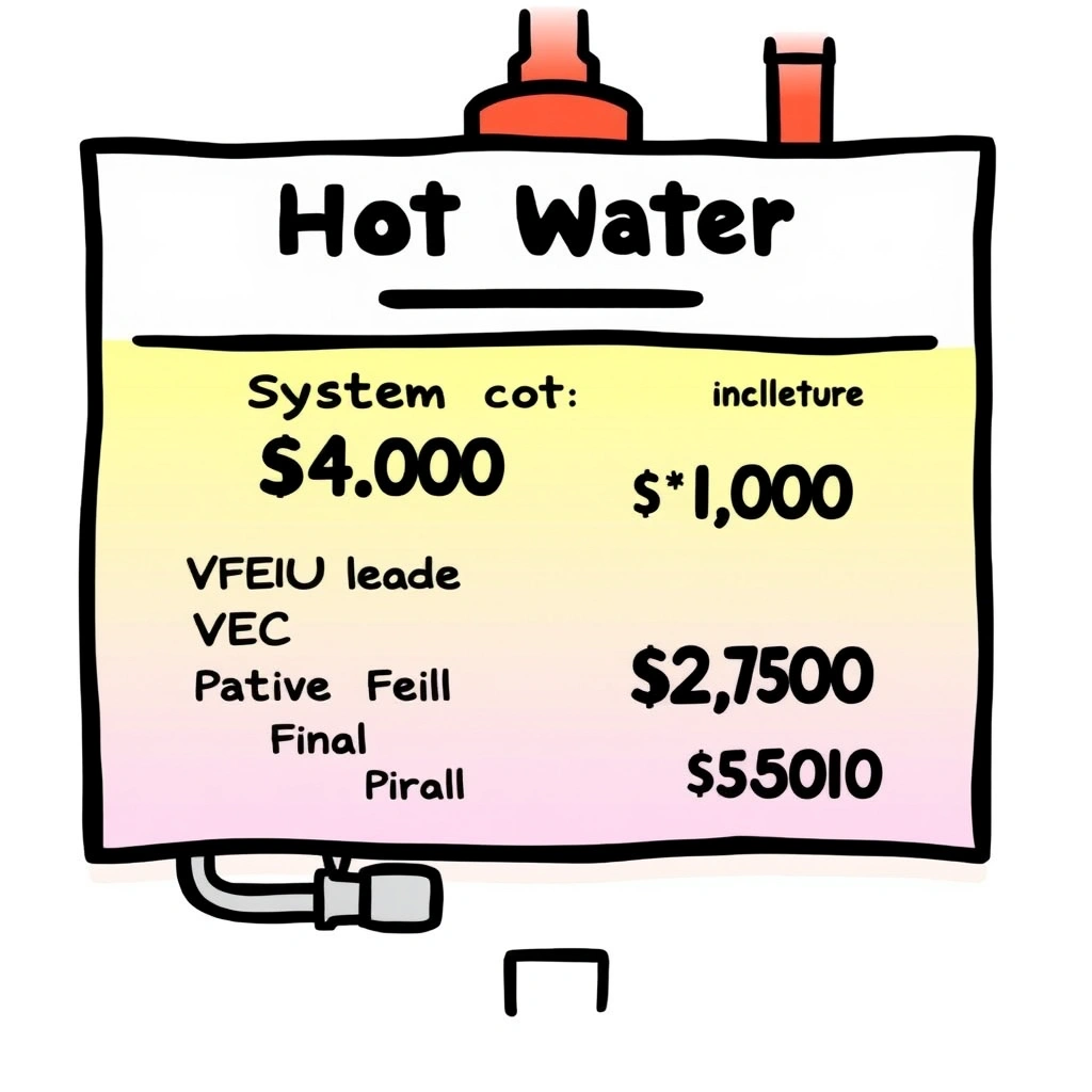 A printed quote from a hot water installer showing system cost of $4,000, VEU rebate of $1,000, STC 