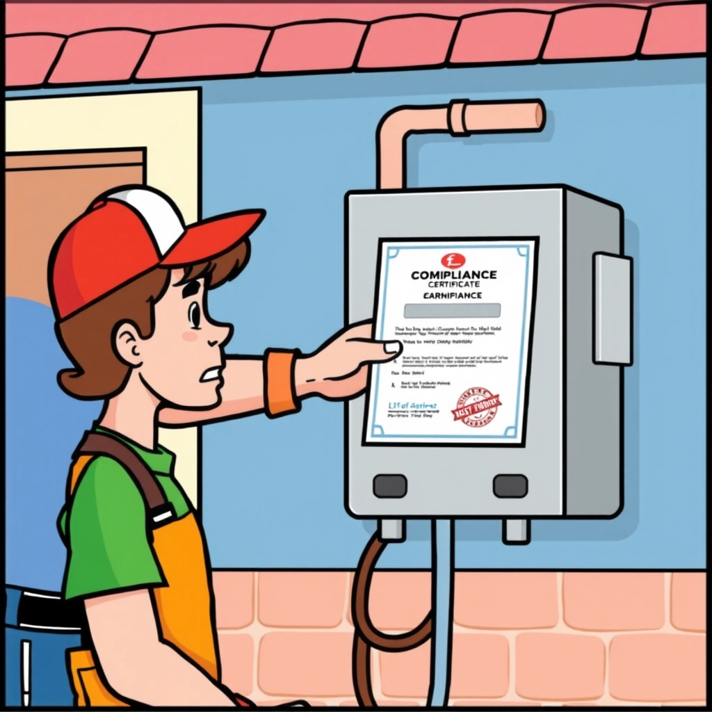 An installer handing a homeowner an official Compliance Certificate after heat pump hot water system