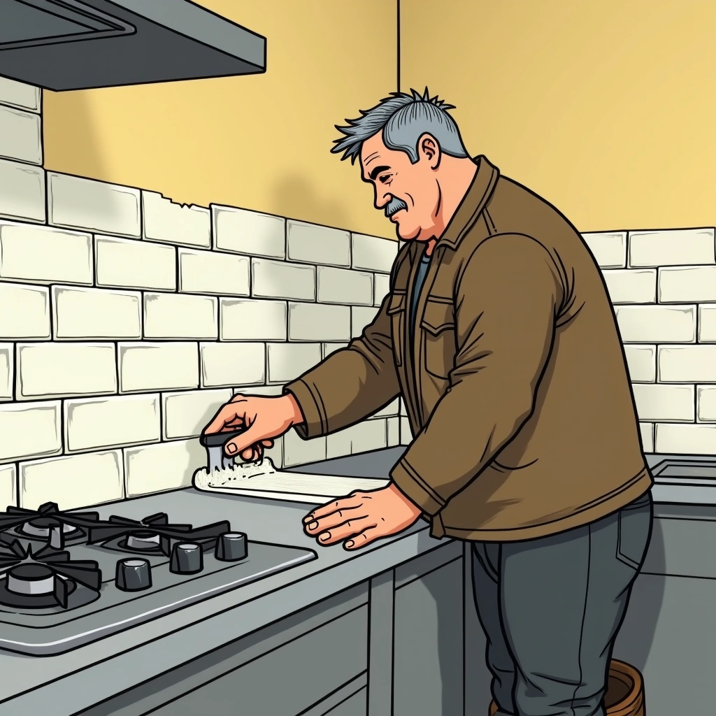 Tiler fitting white subway tile splashback above a kitchen benchtop in a Melbourne home with gas cooktop visible