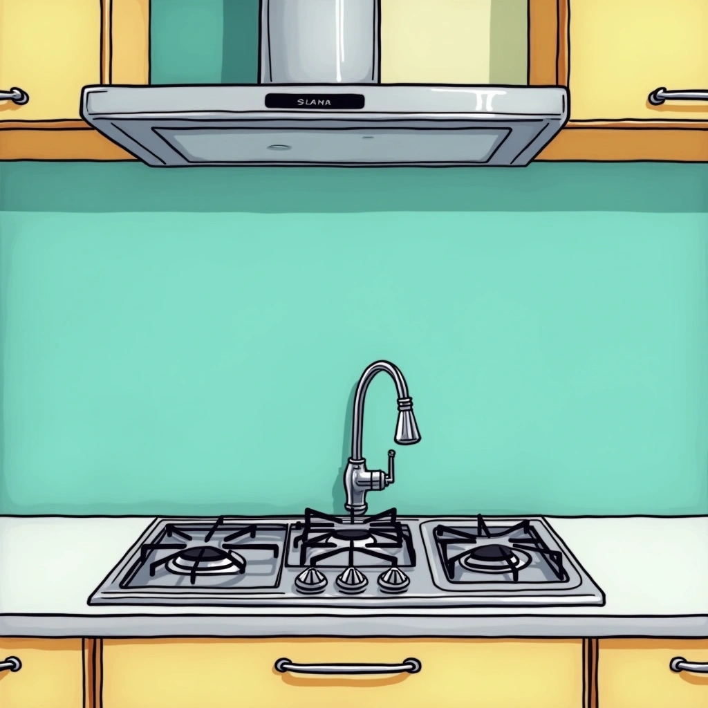 Kitchen with a large teal glass splashback installed above the benchtop running behind the sink and cooktop in a Melbourne home