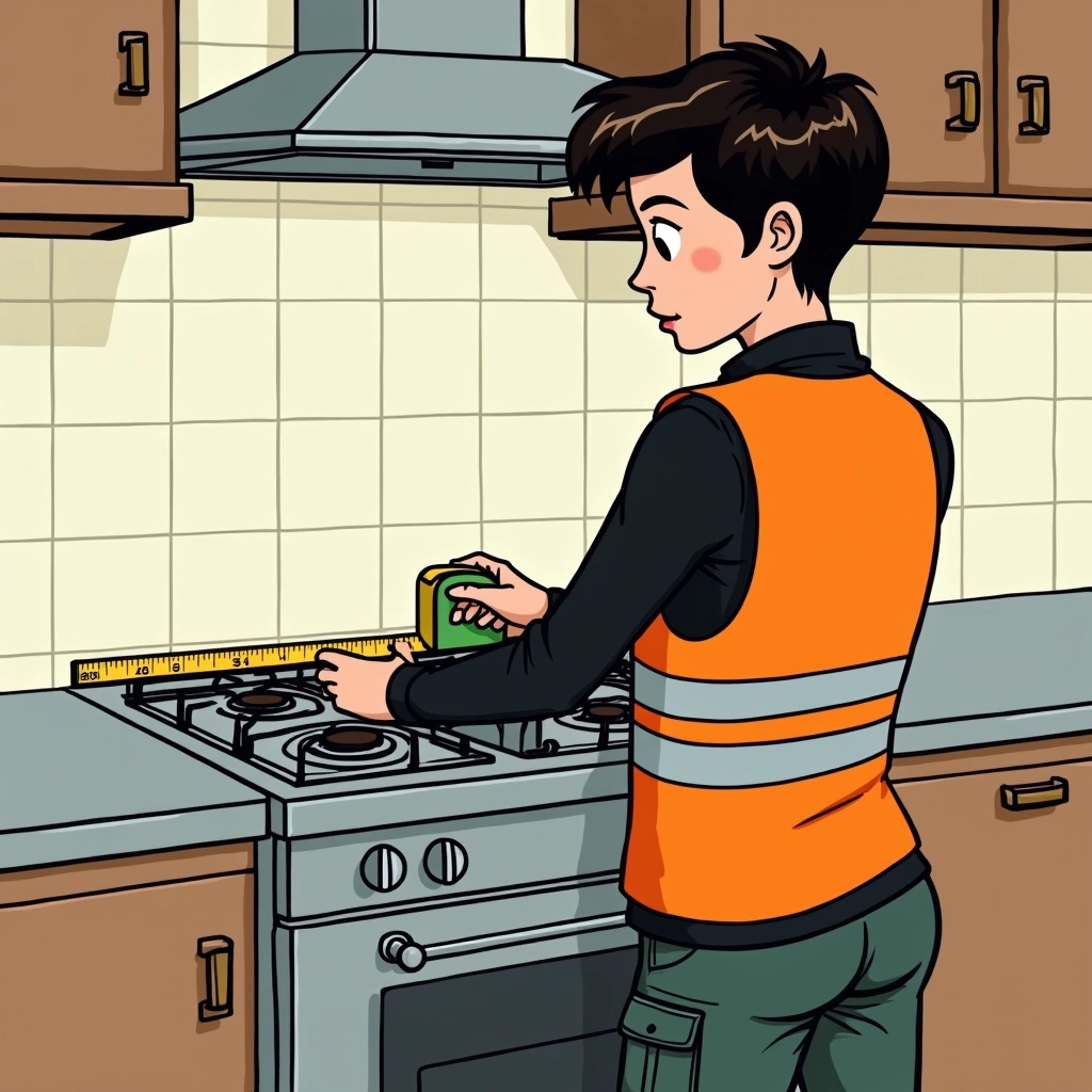 Safety expert in orange hi-vis pointing at gas cooktop clearance measurements on a kitchen wall during installation planning