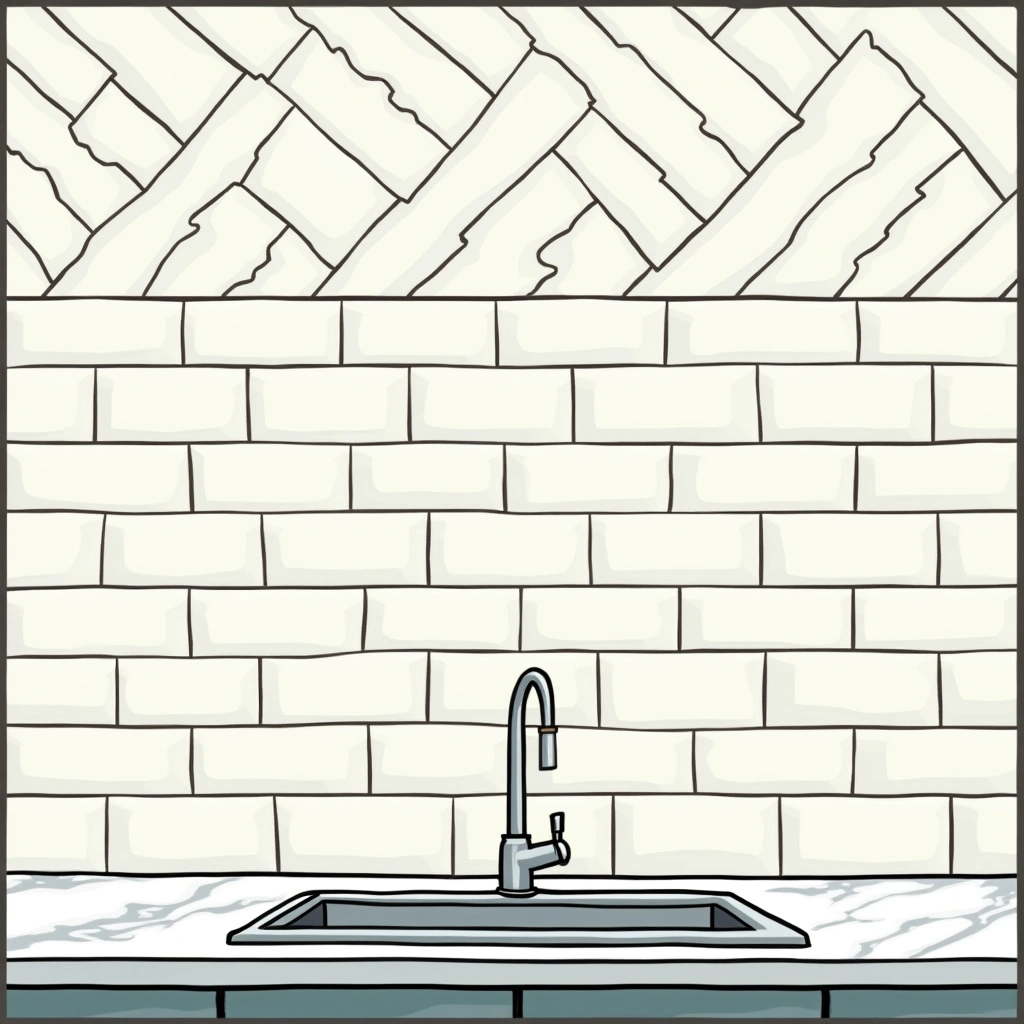 Completed kitchen showing herringbone patterned tile splashback above a marble benchtop in a renovated Melbourne home