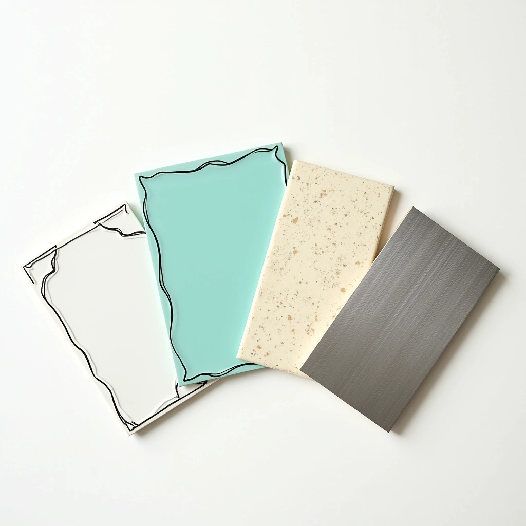 Comparison of four different splashback material samples laid side by side showing tile, glass, stone and stainless steel options