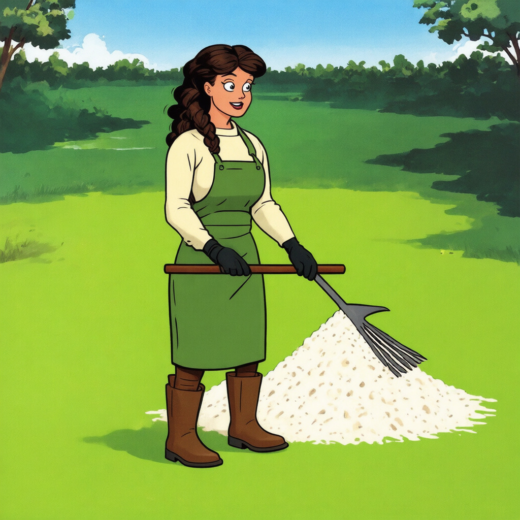 Spreading coarse river sand over aerated lawn to improve drainage through clay soil