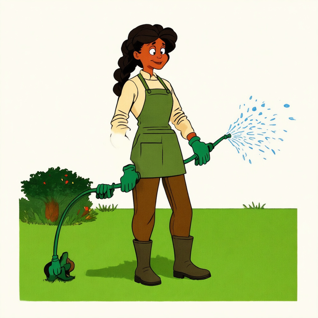 Watering freshly treated lawn area with garden hose after sand and compost application