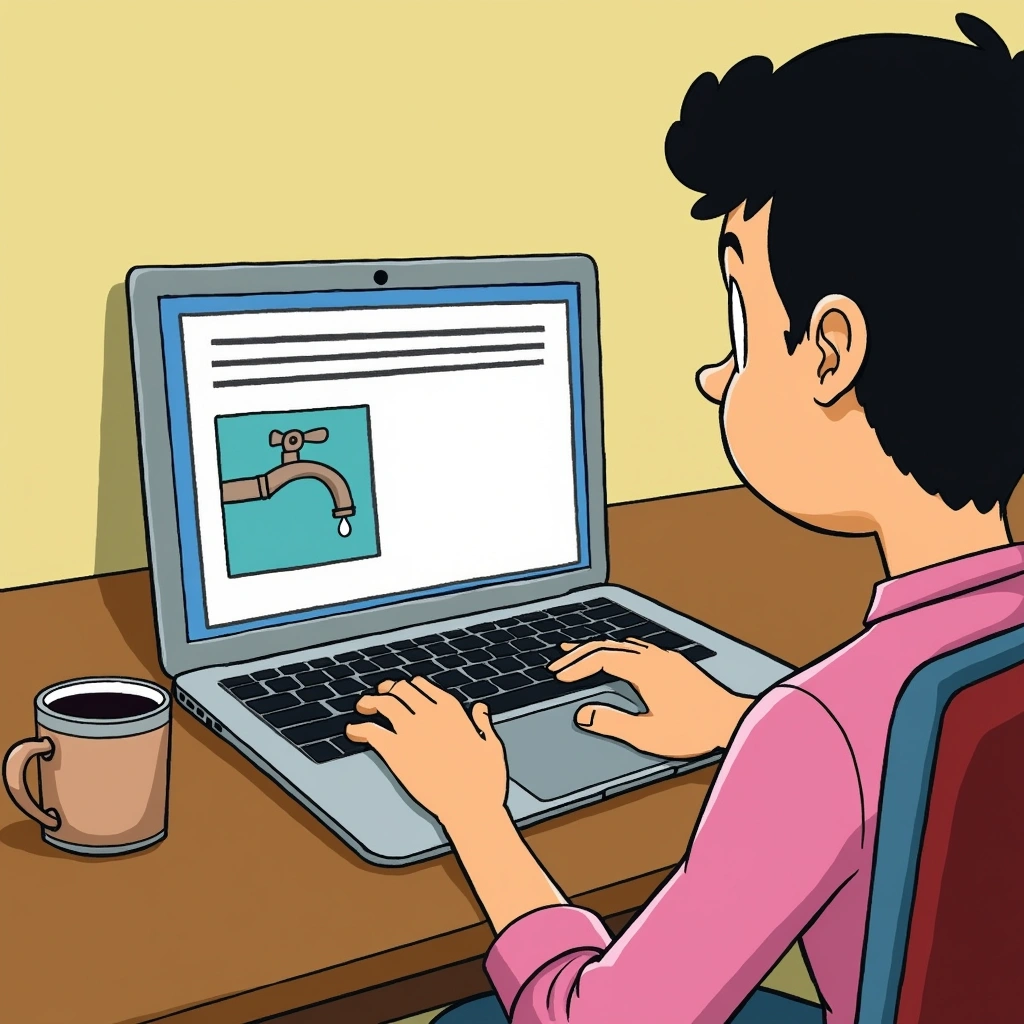 Person typing a repair request email on a laptop with a photo of a leaking tap attachment showing the documentation process