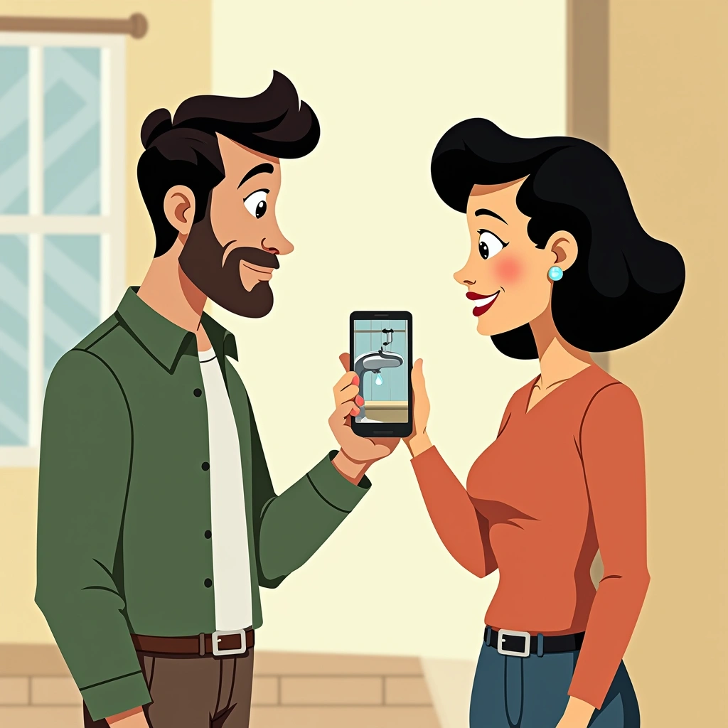 Tenant showing a landlord a photo of a dripping tap on a phone during a property inspection in a Melbourne home