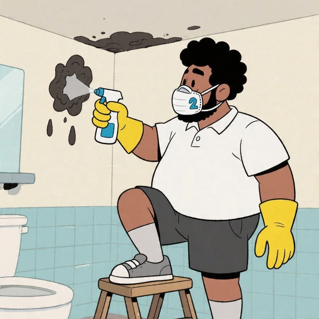 Treating a surface mould patch in a bathroom corner — P2 mask, rubber gloves and eye protection are 