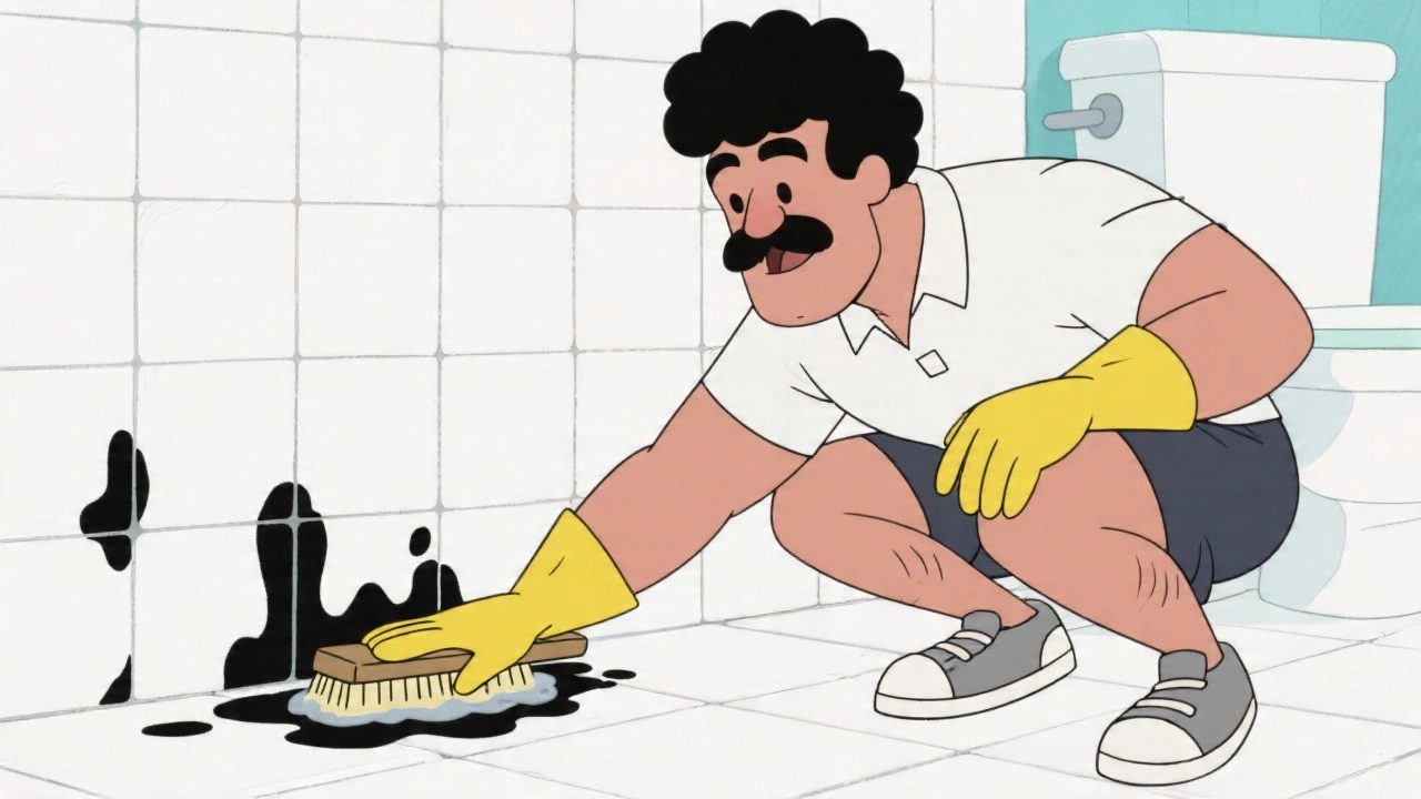 A mould remediation expert examining dark mould patches on a bathroom wall — identifying the species and scope is the critical first step before any treatment.