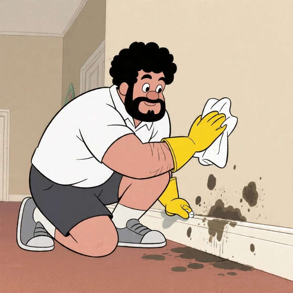 Antifungal spray applied to bathroom tile grout showing mould — always spray first, wait 5–10 minutes to kill spores, then wipe rather than scrubbing dry.