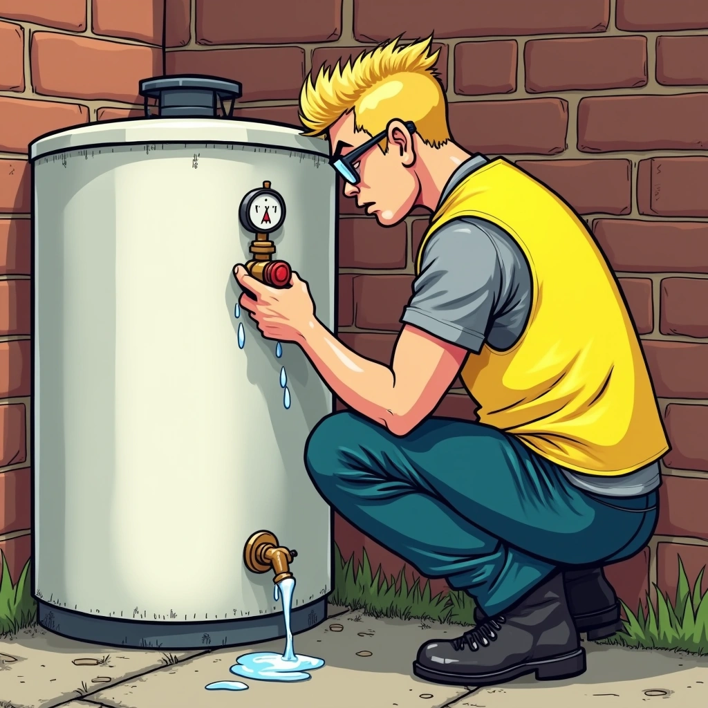 Plumber checking a hot water system pressure relief valve on a storage tank unit installed on an exterior wall of a Melbourne home