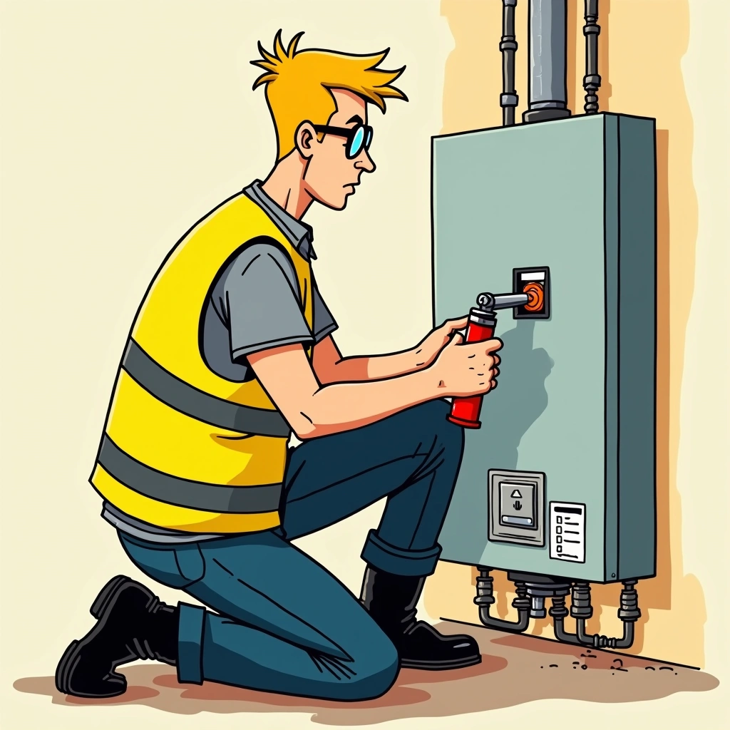 Plumber relighting the pilot light on a gas storage hot water system following the label instructions on the unit