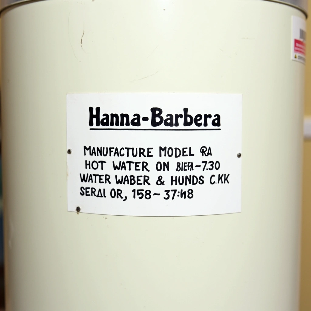 Close-up of a hot water system age label sticker showing manufacture year and model number on a storage tank