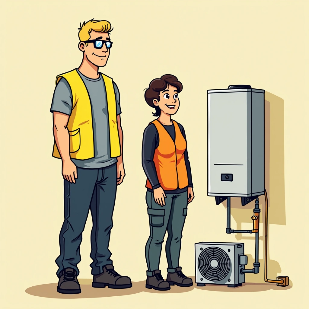 Plumber installing a new heat pump hot water system on an exterior wall replacing an old electric storage tank