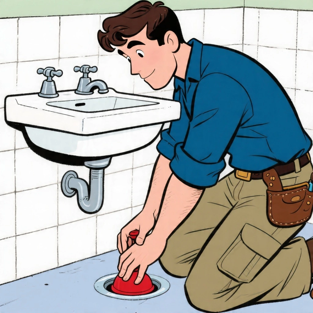 A plumber demonstrating proper plunger technique on a bathroom basin drain, creating a tight seal with the cup plunger over the drain opening