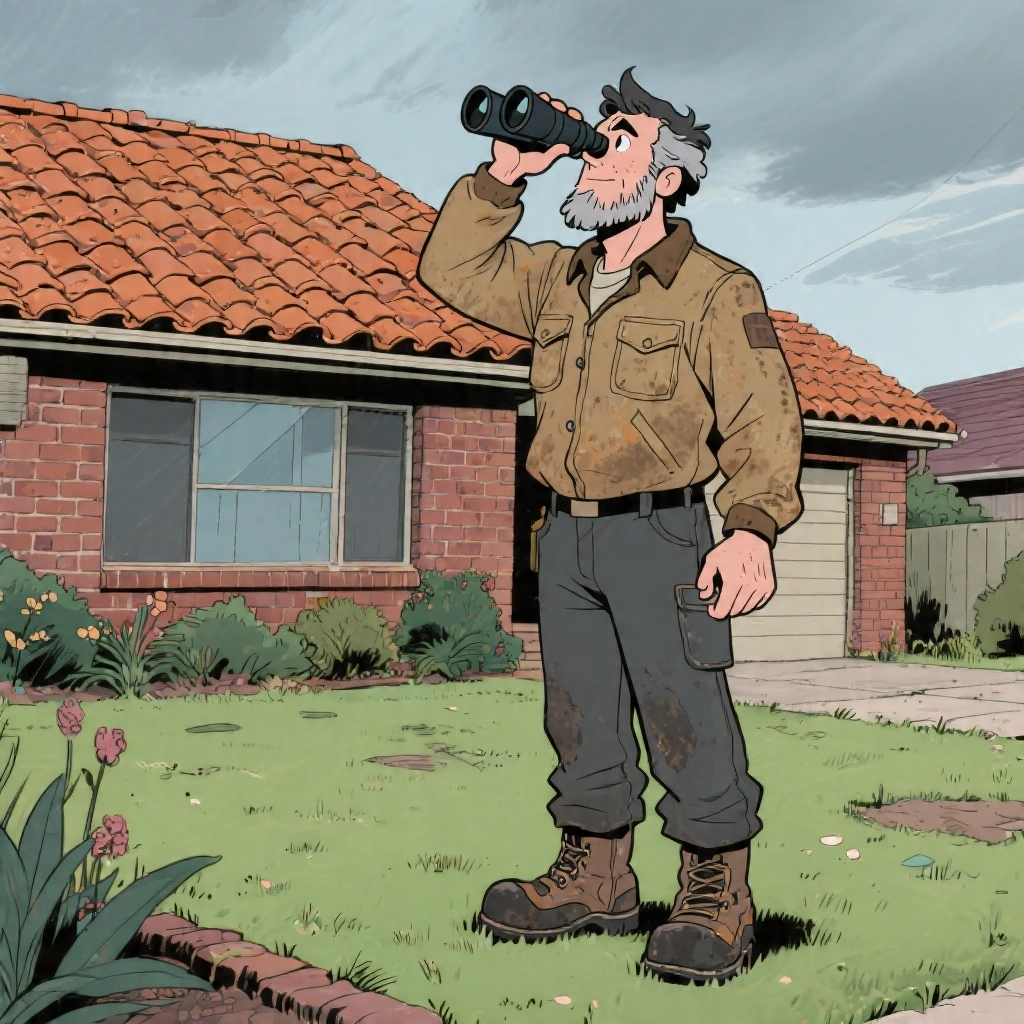 A homeowner using binoculars to inspect roof tiles from a safe ground position, checking for cracked or lifted tiles before Melbourne's winter rain season
